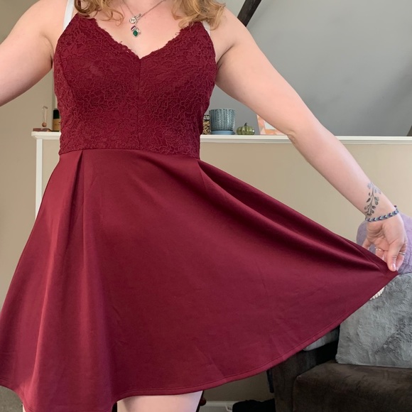 Wine Red Lace Bodice Skater Dress - Picture 8 of 11